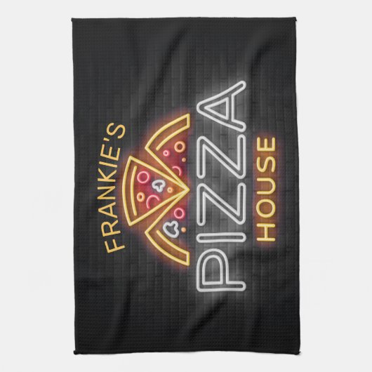 名前をカスタムするネオンイタリアンピッツェリアピザハウス キッチンタオル (縦)
