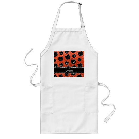 名前をカスタムするネオンオレンジグリッター黒猫顔 ロングエプロン (正面)