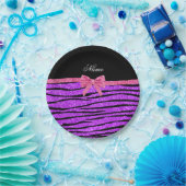 名前をカスタムするネオンパープルグリッターゼブラストライプ弓 ペーパープレート (パーティー)