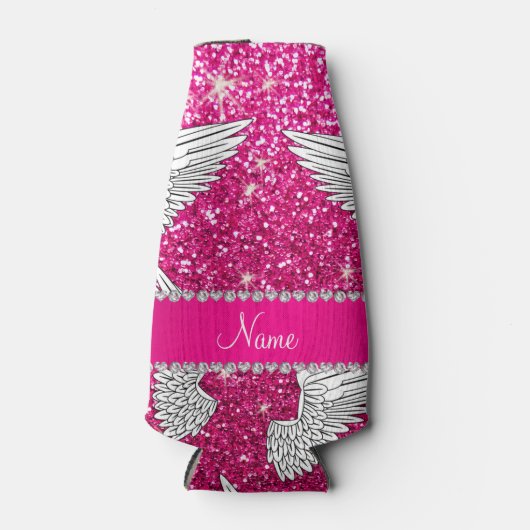名前をカスタムするネオンホットピンクグリッターエンジェルウィング ボトルクーラー (正面)