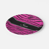 名前をカスタムするネオンホットピンクグリッターゼブラ縞 ペーパープレート (アングル)