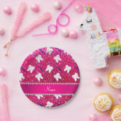 名前をカスタムするネオンホットピンクグリッターブラシ歯 ペーパープレート (パーティー)