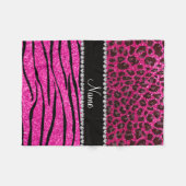 名前をカスタムするネオンホットピンクゼブラヒョウ フリースブランケット (正面(横))