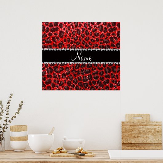 名前をカスタムするネオンレッドグリッターヒョウ柄 ポスター (キッチン)