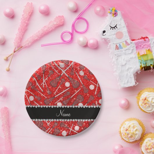名前をカスタムするネオン赤グリッターラクロス棒 ペーパープレート (パーティー)