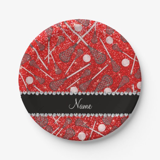 名前をカスタムするネオン赤グリッターラクロス棒 ペーパープレート (正面)