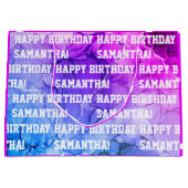 名前をカスタムするハッピーバースデーピンク/紫大理石 ラージペーパーバッグ (正面)