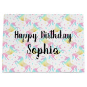 名前をカスタムするハッピーバースデーレインボーユニコーン ラージペーパーバッグ (正面)
