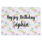 名前をカスタムするハッピーバースデーレインボーユニコーン ラージペーパーバッグ (裏面)