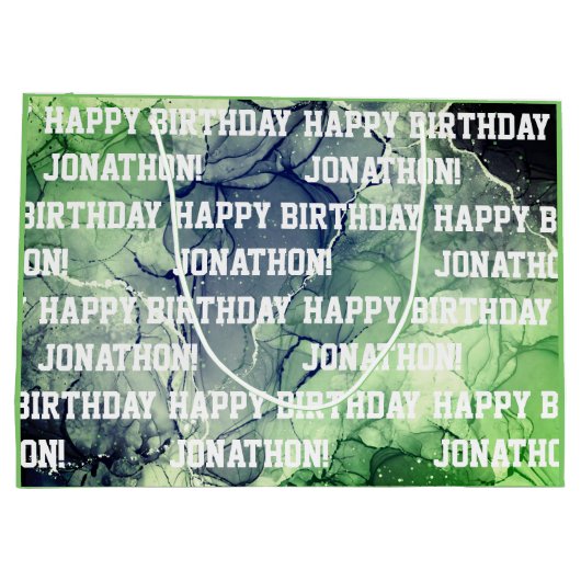 名前をカスタムするハッピーバースデー男らしグリーン ラージペーパーバッグ (裏面)