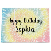 名前をカスタムするハッピーバースデー絞り染めヒッピースワール ラージペーパーバッグ (正面)