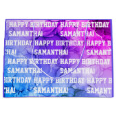 名前をカスタムするハッピーバースデー青/紫大理石 ラージペーパーバッグ (正面)