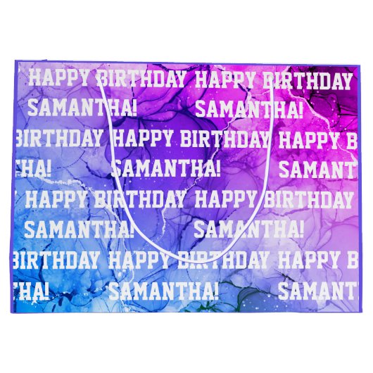 名前をカスタムするハッピーバースデー青/紫大理石 ラージペーパーバッグ (裏面)