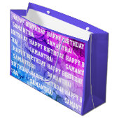 名前をカスタムするハッピーバースデー青/紫大理石 ラージペーパーバッグ (正面アングル)