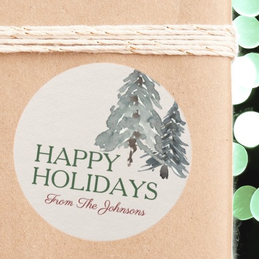 名前をカスタムするハッピーホリデイズウォーターカラーパインツリーズ ラウンドシール