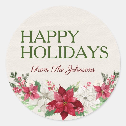 名前をカスタムするハッピーホリデイズウォーターカラーポインセチア ラウンドシール (正面)
