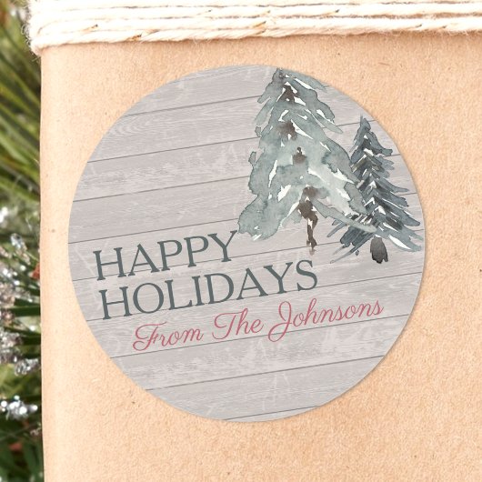 名前をカスタムするハッピーホリデーズウォーターカラースラッツスススプルース ラウンドシール