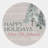 名前をカスタムするハッピーホリデーズウォーターカラースラッツスススプルース ラウンドシール (正面)