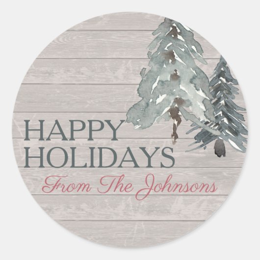 名前をカスタムするハッピーホリデーズウォーターカラースラッツスススプルース ラウンドシール (正面)