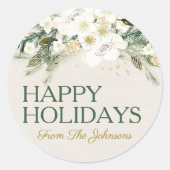 名前をカスタムするハッピーホリデーズウォーターカラーホワイトフローラ ラウンドシール (正面)