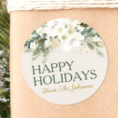 名前をカスタムするハッピーホリデーズウォーターカラーホワイトフローラ ラウンドシール