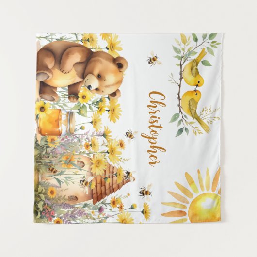 名前をカスタムするハニービーズテディベア背景 タペストリー (正面(横))