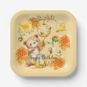 名前をカスタムするハニーベアービーバースデーパーティー ペーパープレート (正面)