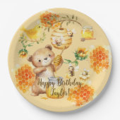 名前をカスタムするハニーベアービーバースデーパーティー ペーパープレート (正面)