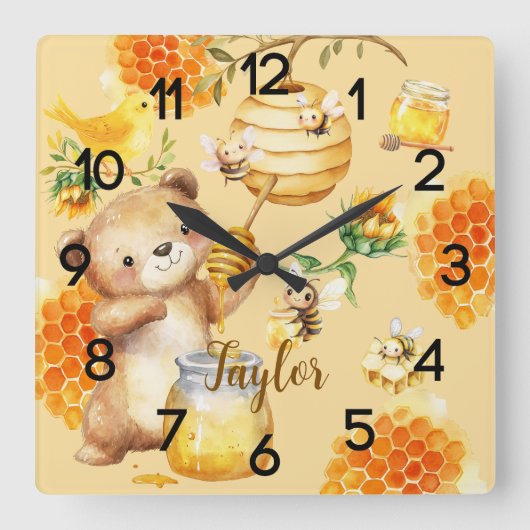 名前をカスタムするハニーベアーミツバチ スクエア壁時計 (正面)