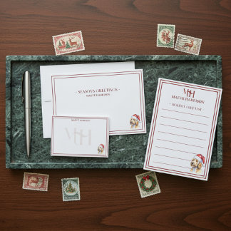 名前をカスタムするハンドドロードゴールデンドゥードルサンタハット ノートカード