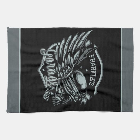 名前をカスタムするバイクもしくは自転車に乗る人スカルウィングスオートバイガレージ キッチンタオル (横)