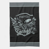 名前をカスタムするバイクもしくは自転車に乗る人スカルウィングスオートバイガレージ キッチンタオル (縦)