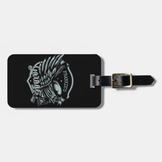 名前をカスタムするバイクもしくは自転車に乗る人スカルウィングスオートバイガレージ ラゲッジタグ (正面横)