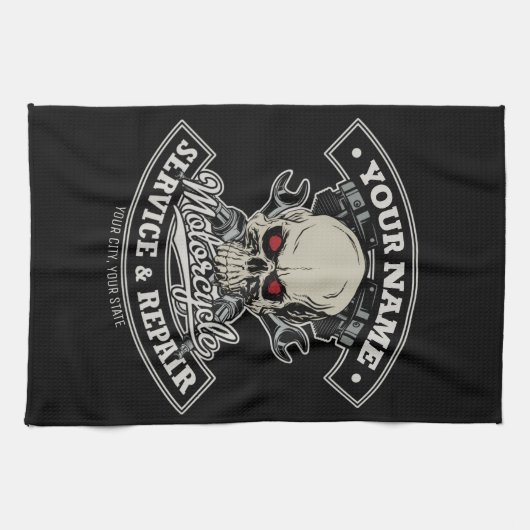 名前をカスタムするバイクもしくは自転車に乗る人整備士スカルオートバイガレージ キッチンタオル (横)