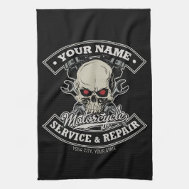 名前をカスタムするバイクもしくは自転車に乗る人整備士スカルオートバイガレージ キッチンタオル