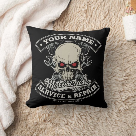名前をカスタムするバイクもしくは自転車に乗る人整備士スカルオートバイガレージ クッション (ブランケット)