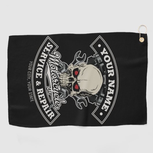 名前をカスタムするバイクもしくは自転車に乗る人整備士スカルオートバイガレージ ゴルフタオル (横)