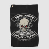 名前をカスタムするバイクもしくは自転車に乗る人整備士スカルオートバイガレージ ゴルフタオル (正面)