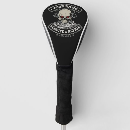 名前をカスタムするバイクもしくは自転車に乗る人整備士スカルオートバイガレージ ゴルフヘッドカバー (正面)