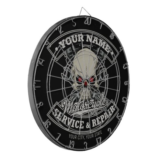 名前をカスタムするバイクもしくは自転車に乗る人整備士スカルオートバイガレージ ダーツボード (正面左)