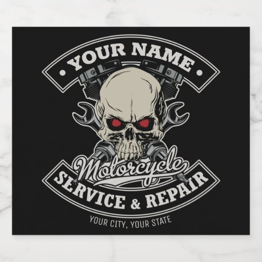 名前をカスタムするバイクもしくは自転車に乗る人整備士スカルオートバイガレージ ビールラベル (シングルラベル)