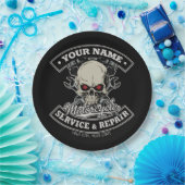 名前をカスタムするバイクもしくは自転車に乗る人整備士スカルオートバイガレージ ペーパープレート (パーティー)