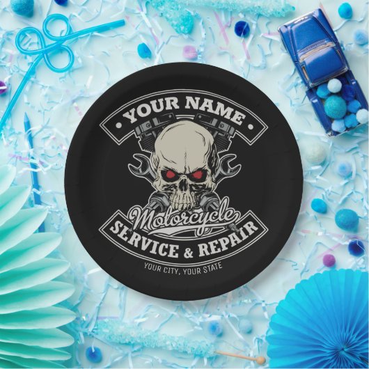 名前をカスタムするバイクもしくは自転車に乗る人整備士スカルオートバイガレージ ペーパープレート (パーティー)