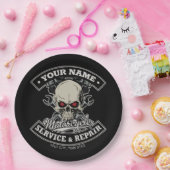 名前をカスタムするバイクもしくは自転車に乗る人整備士スカルオートバイガレージ ペーパープレート (パーティー)