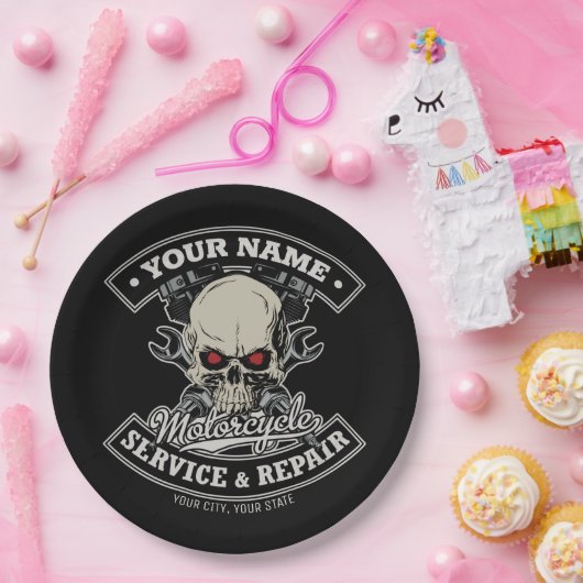 名前をカスタムするバイクもしくは自転車に乗る人整備士スカルオートバイガレージ ペーパープレート (パーティー)