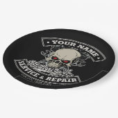 名前をカスタムするバイクもしくは自転車に乗る人整備士スカルオートバイガレージ ペーパープレート (アングル)