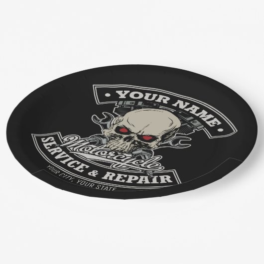 名前をカスタムするバイクもしくは自転車に乗る人整備士スカルオートバイガレージ ペーパープレート (アングル)