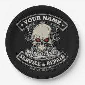 名前をカスタムするバイクもしくは自転車に乗る人整備士スカルオートバイガレージ ペーパープレート (正面)