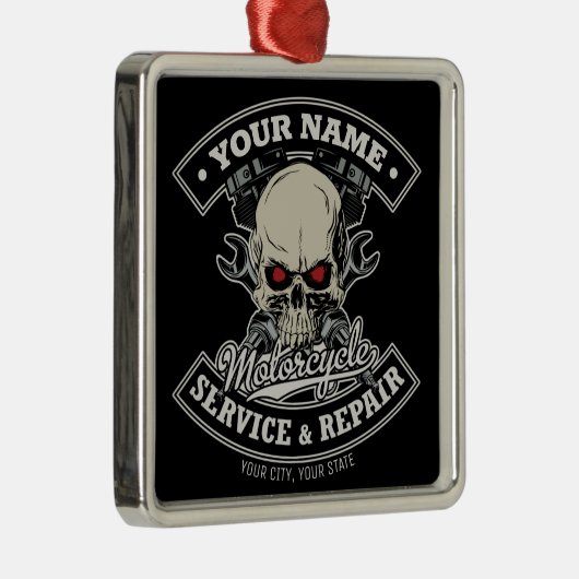 名前をカスタムするバイクもしくは自転車に乗る人整備士スカルオートバイガレージ メタルオーナメント (右)