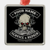 名前をカスタムするバイクもしくは自転車に乗る人整備士スカルオートバイガレージ メタルオーナメント (正面)